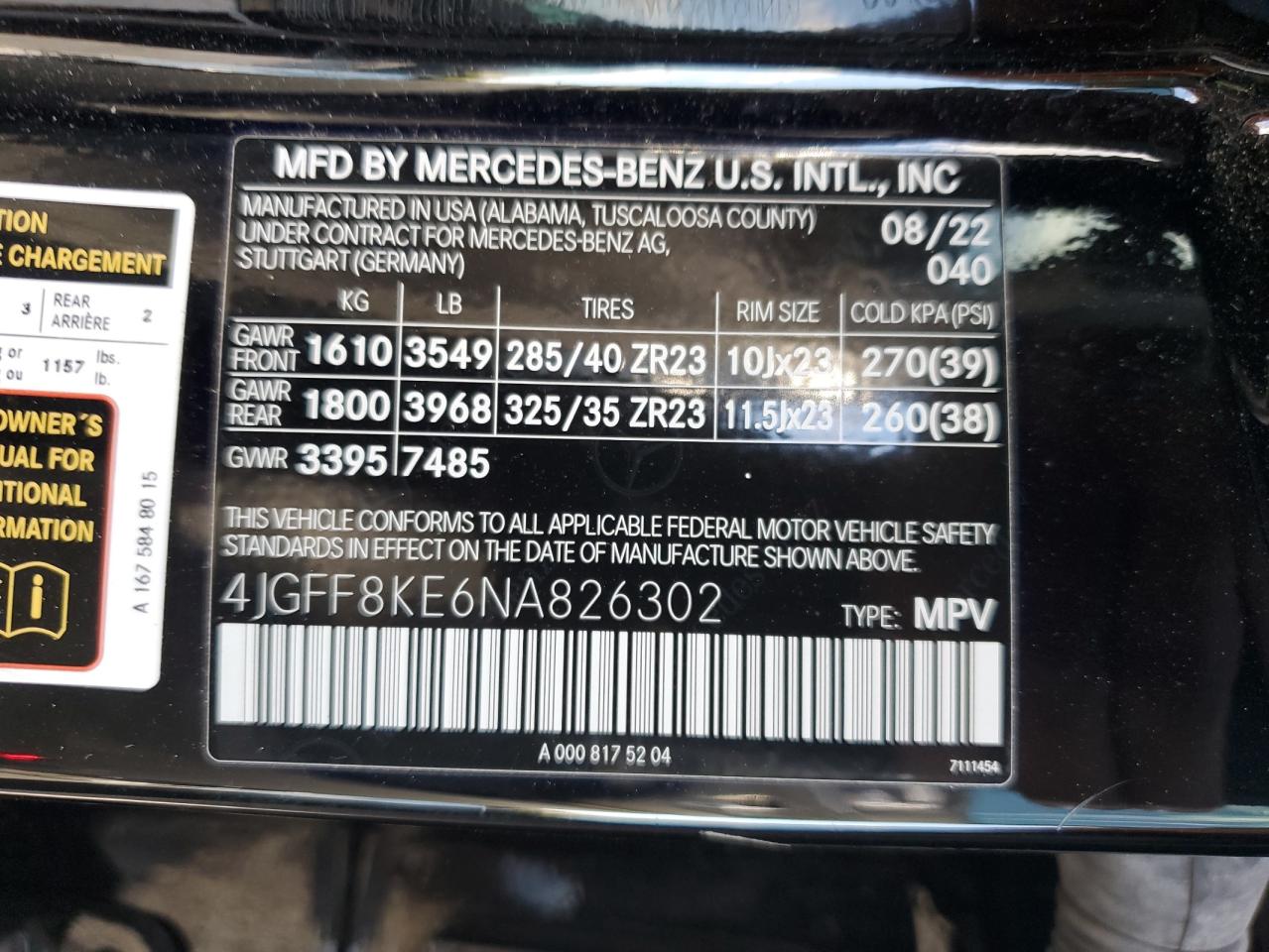 2022 MERCEDES-BENZ GLS 63 AMG 4MATIC VIN:4JGFF8KE6NA826302