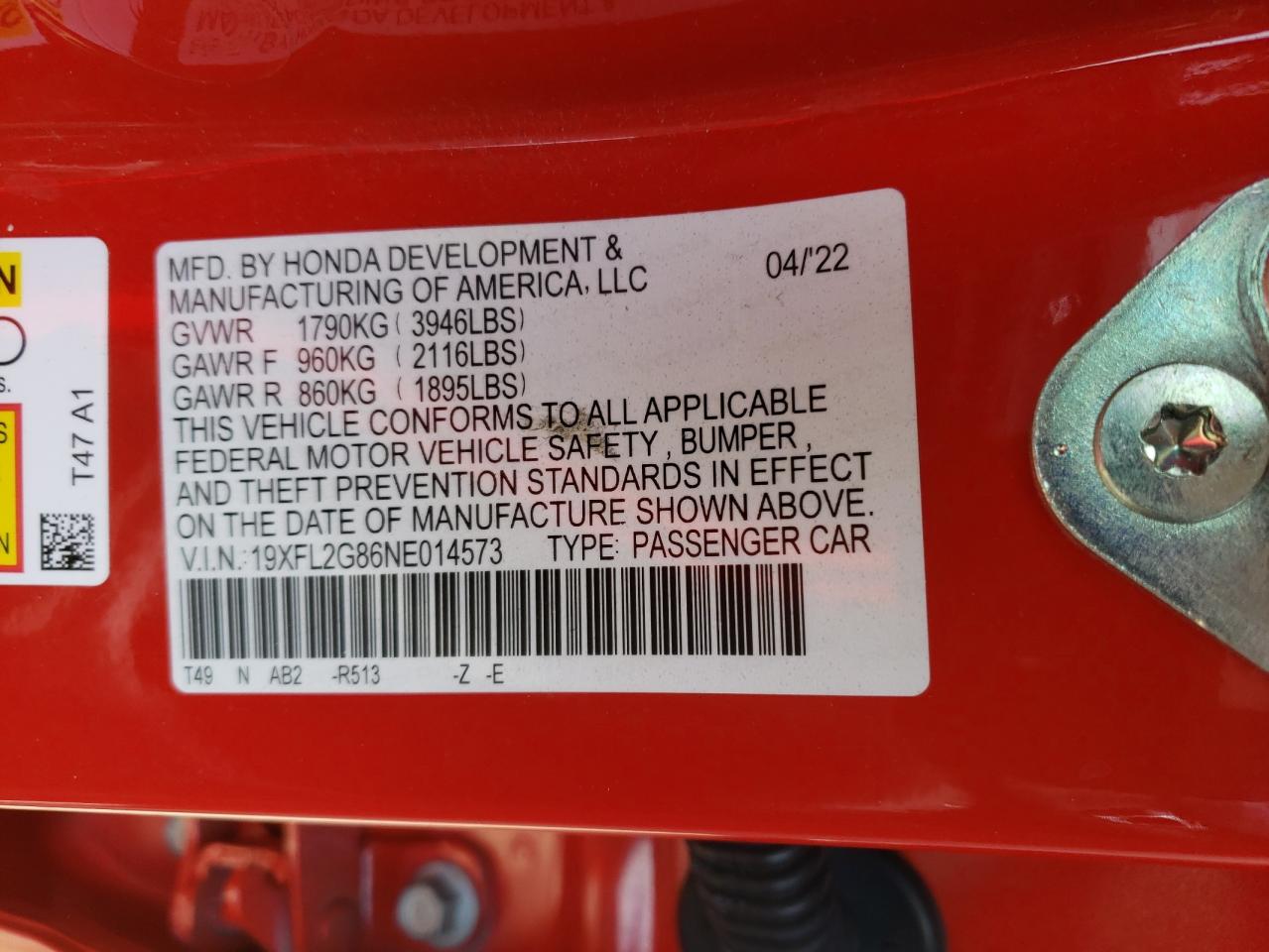 2022 HONDA CIVIC SPORT VIN:19XFL2G86NE014573