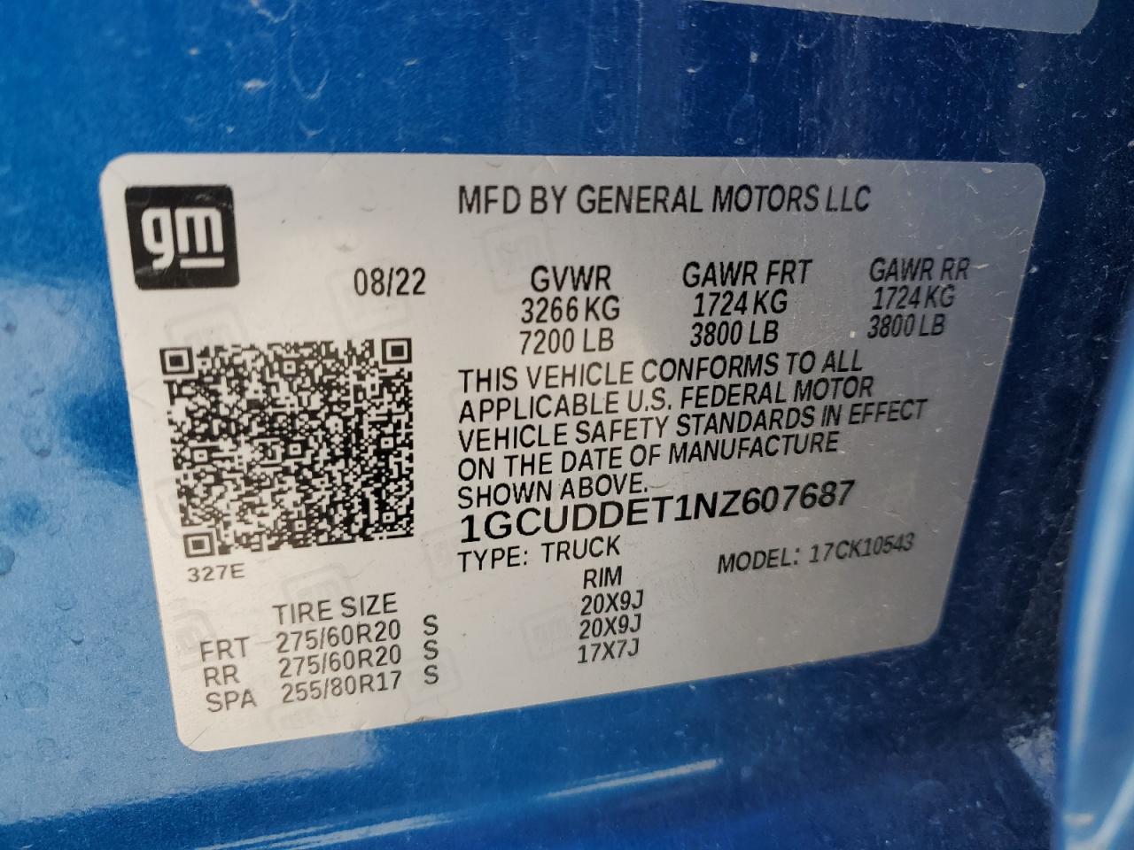 2022 CHEVROLET SILVERADO K1500 LT VIN:1GCUDDET1NZ607687