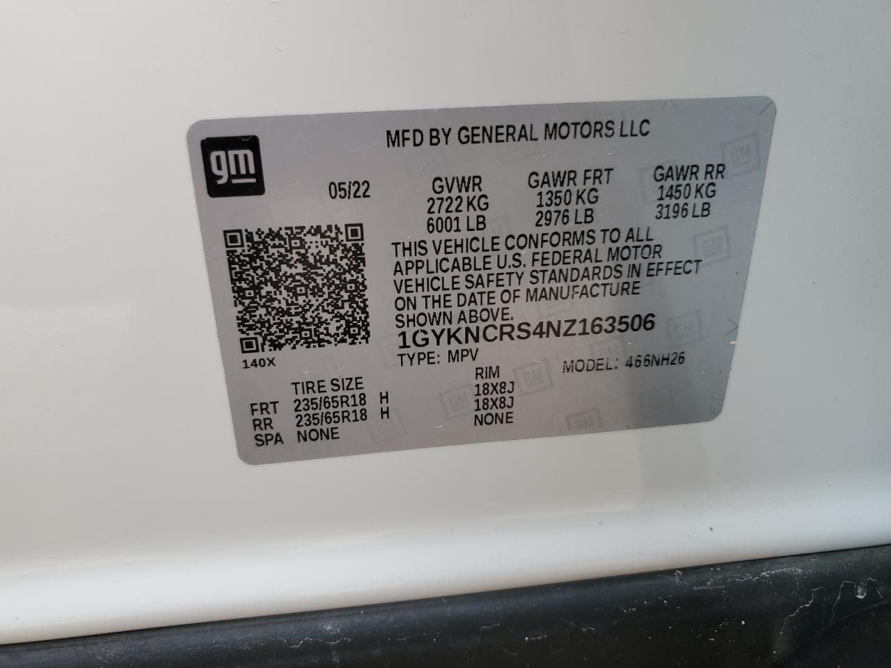 2022 CADILLAC XT5 PREMIUM LUXURY VIN:1GYKNCRS4NZ163506