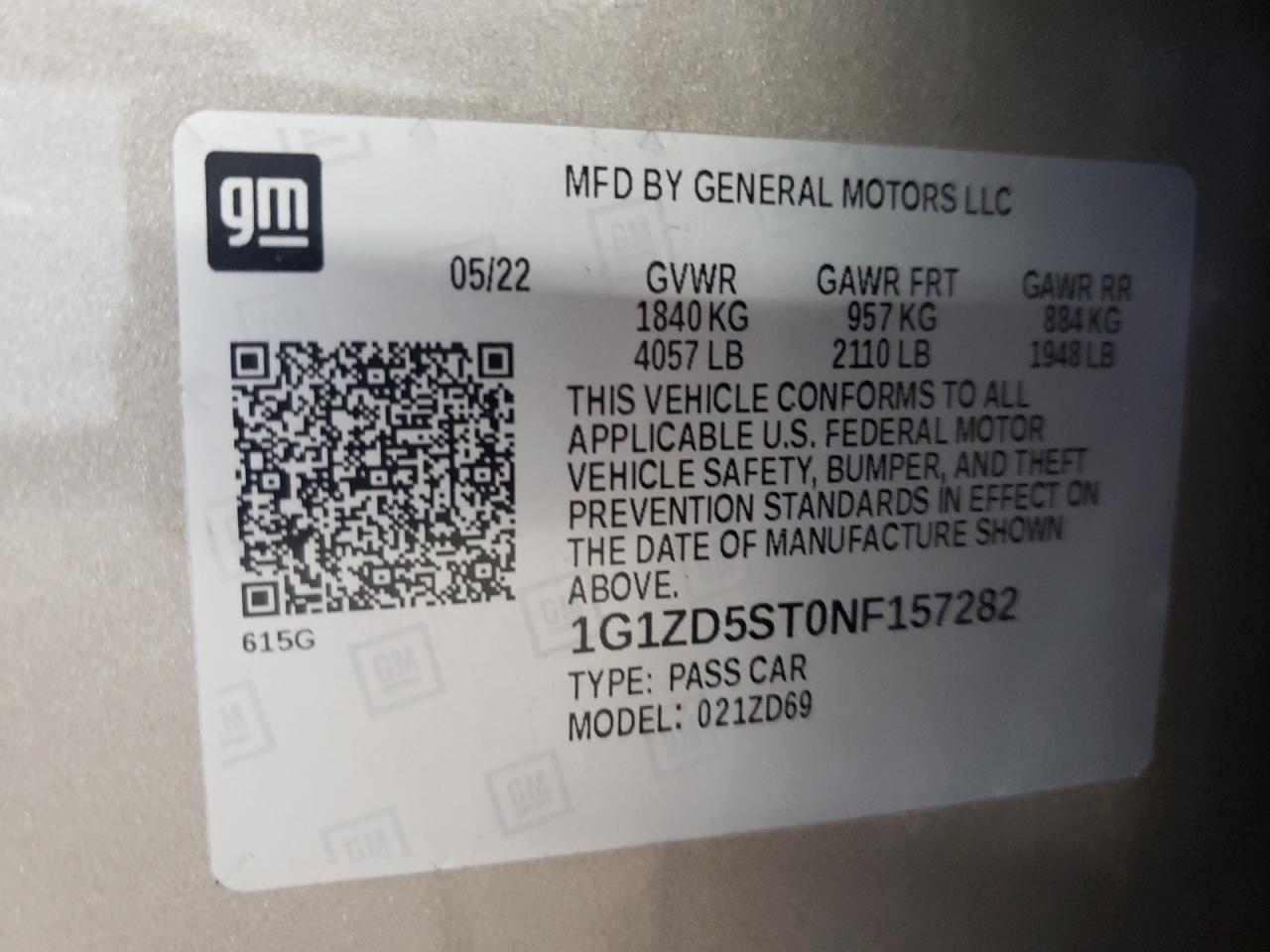 2022 CHEVROLET MALIBU LT VIN:1G1ZD5ST0NF157282