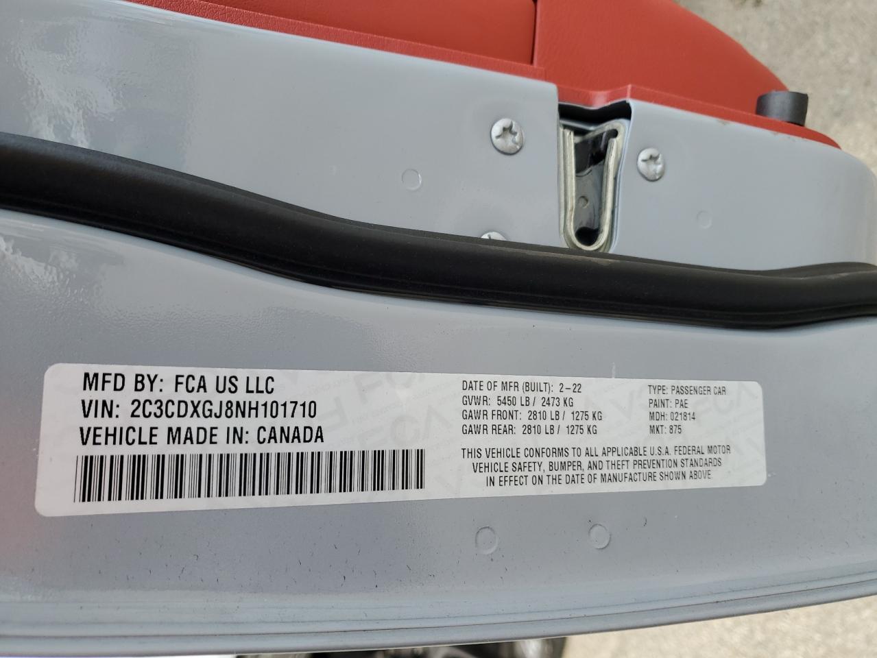 2022 DODGE CHARGER SCAT PACK VIN:2C3CDXGJ8NH101710