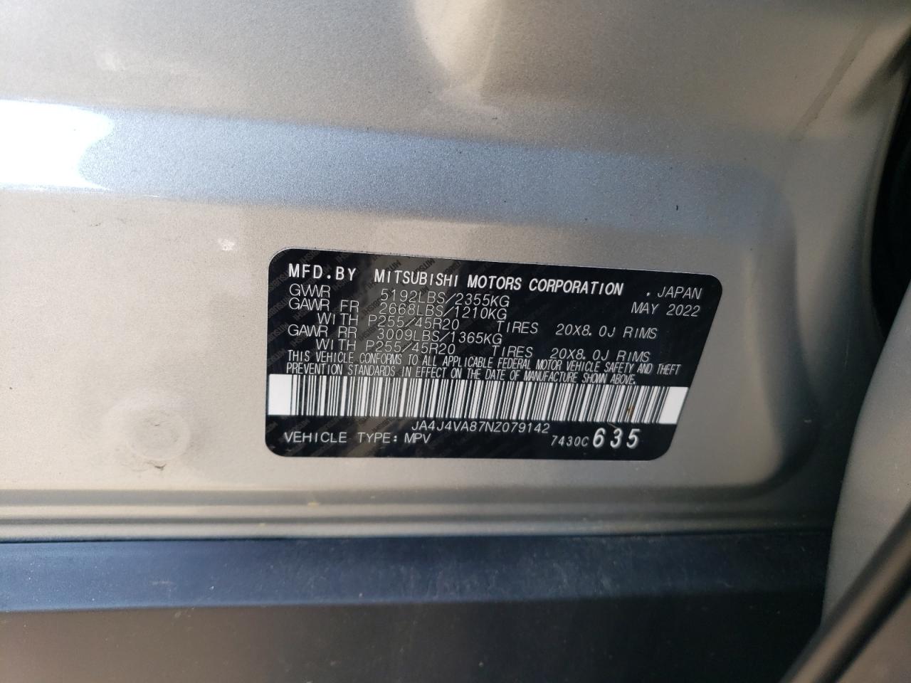 2022 MITSUBISHI OUTLANDER SEL VIN:JA4J4VA87NZ079142