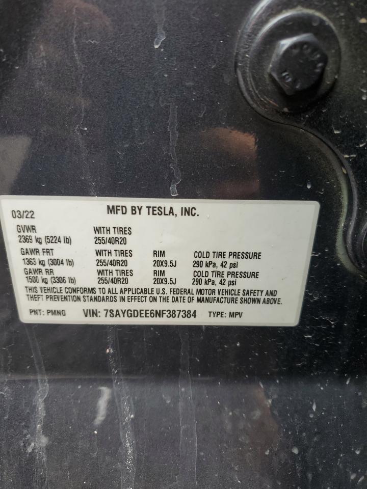 2022 TESLA MODEL Y VIN:7SAYGDEE6NF387384