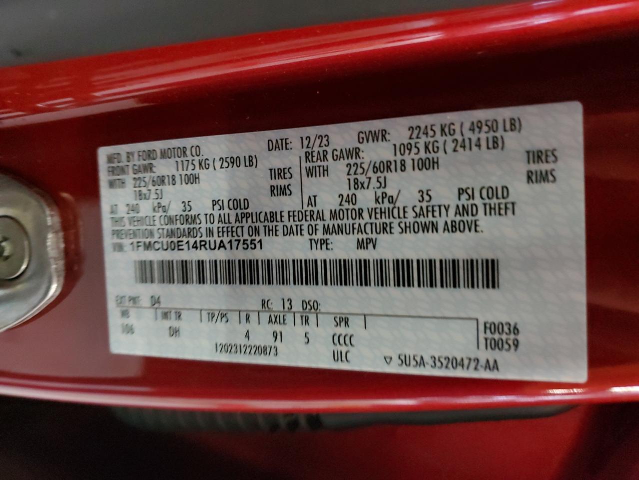 2024 FORD ESCAPE VIN:WP0AA2A8XNS255297