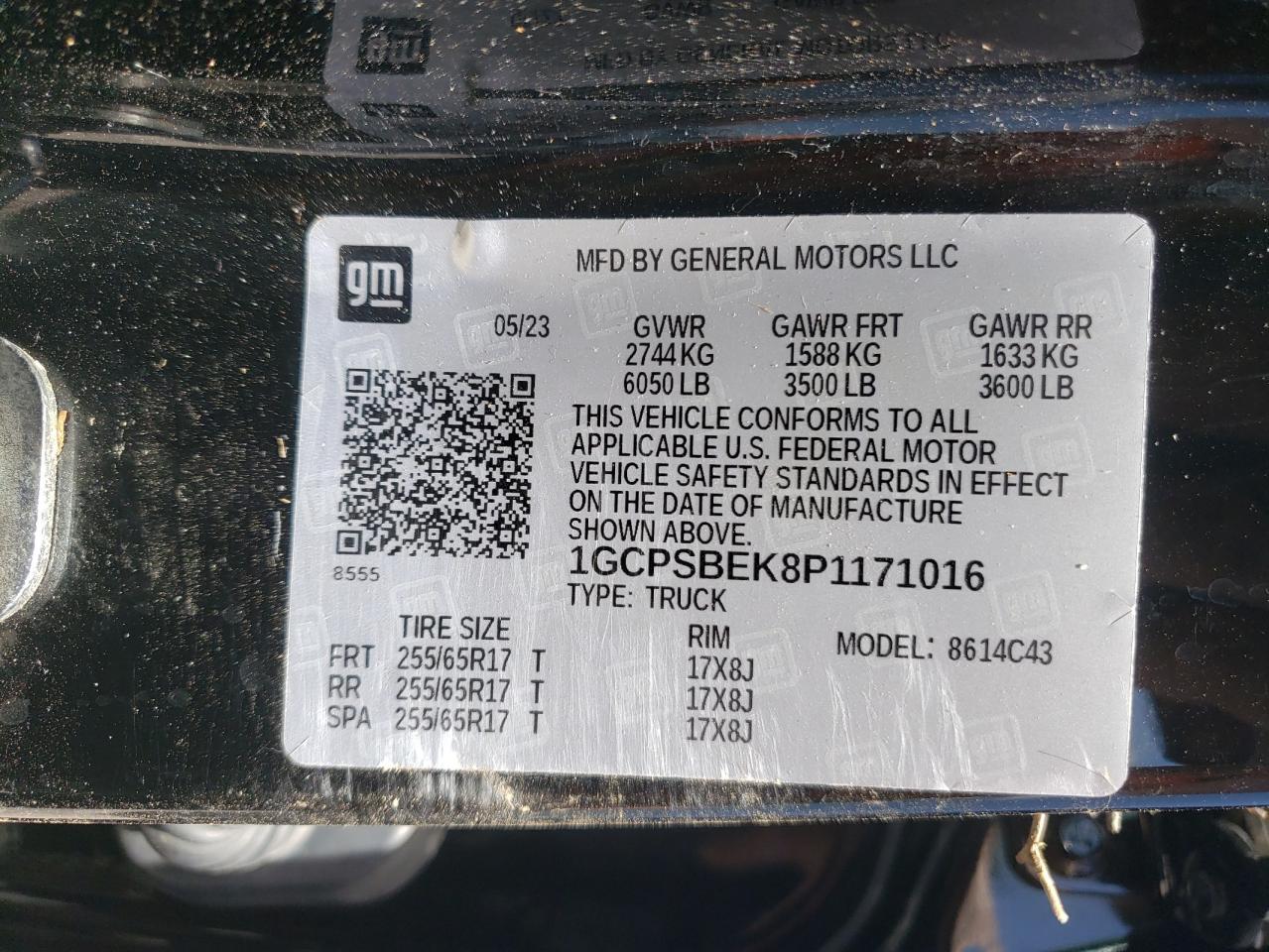 2023 CHEVROLET COLORADO VIN:1GCPSBEK8P1171016