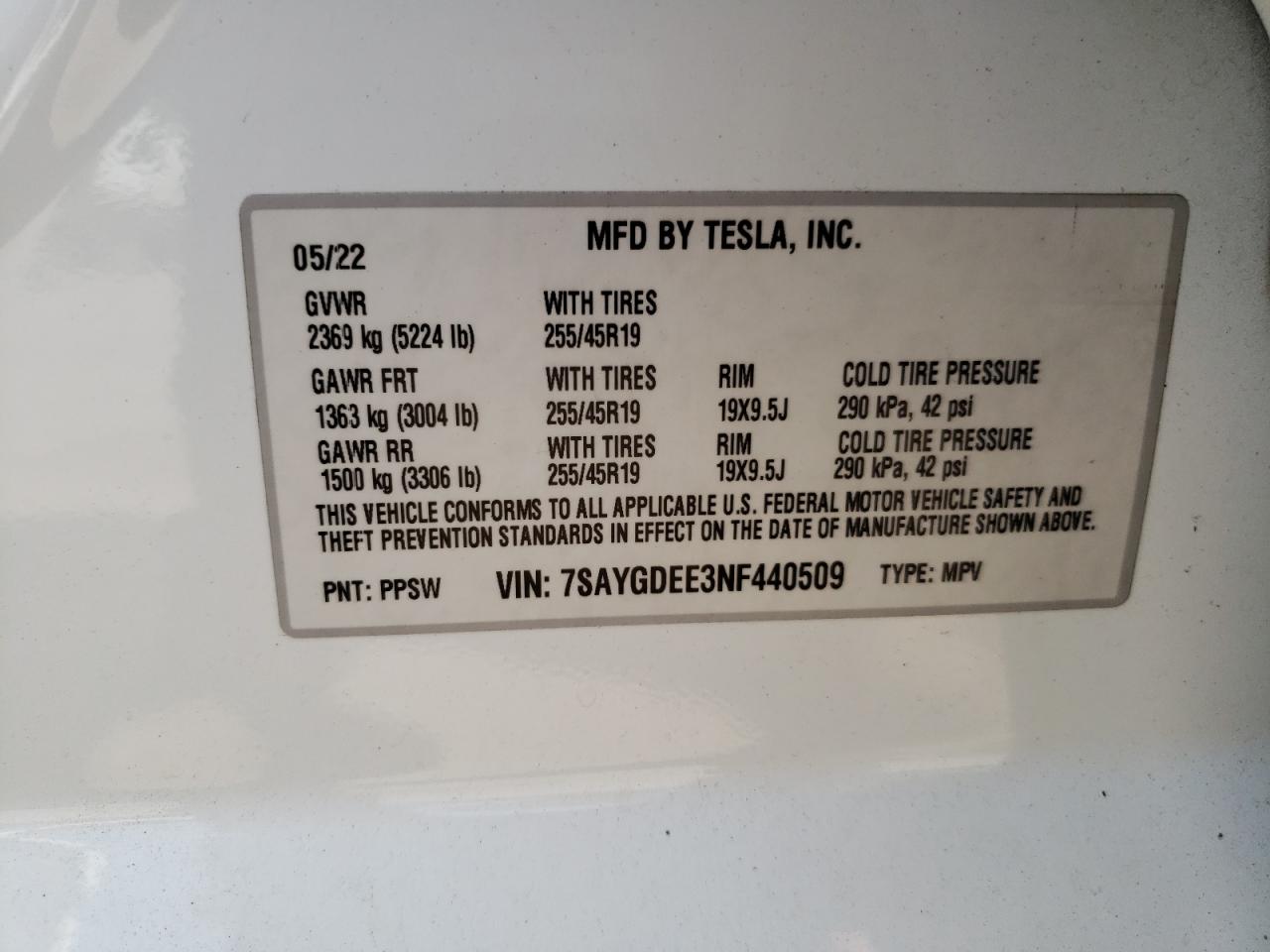 2022 TESLA MODEL Y VIN:7SAYGDEE3NF440509