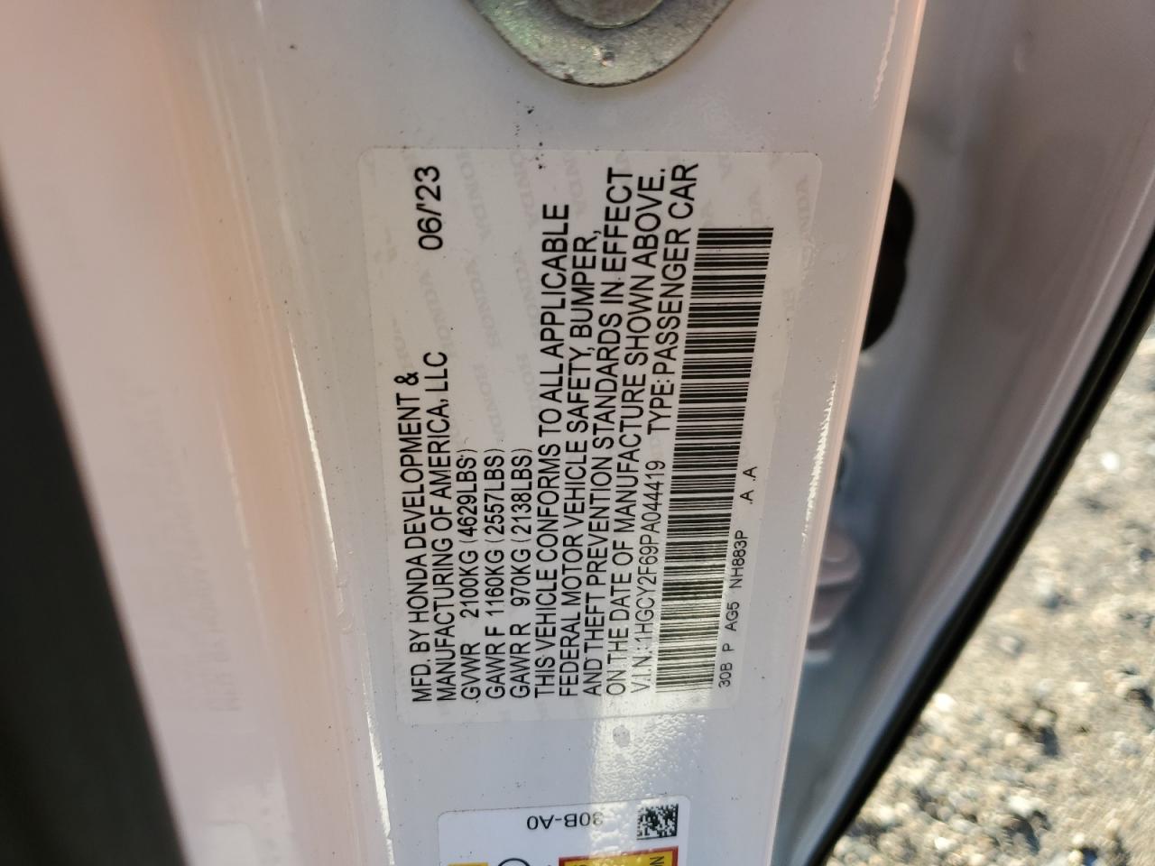2023 HONDA ACCORD HYBRID EXL VIN:1HGCY2F69PA044419