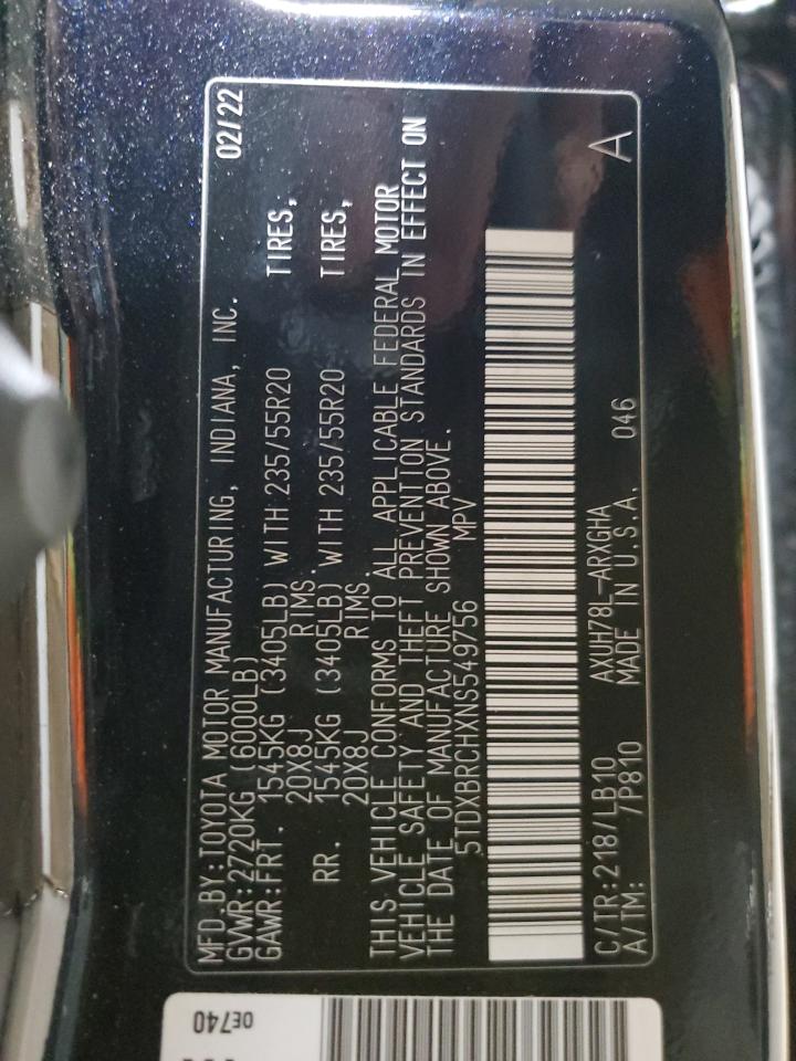 2022 TOYOTA HIGHLANDER HYBRID LIMITED VIN:5TDXBRCHXNS549756