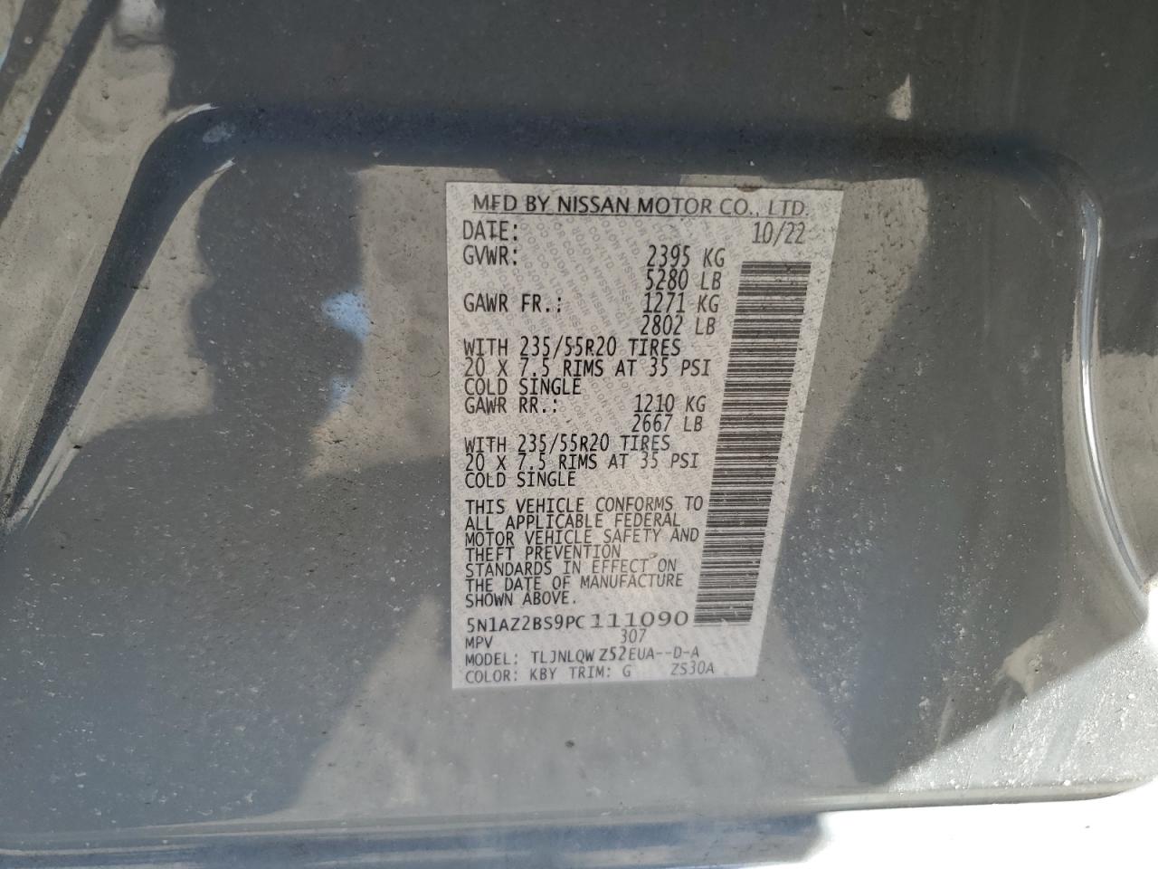 2023 NISSAN MURANO SV VIN:5N1AZ2BS9PC111090