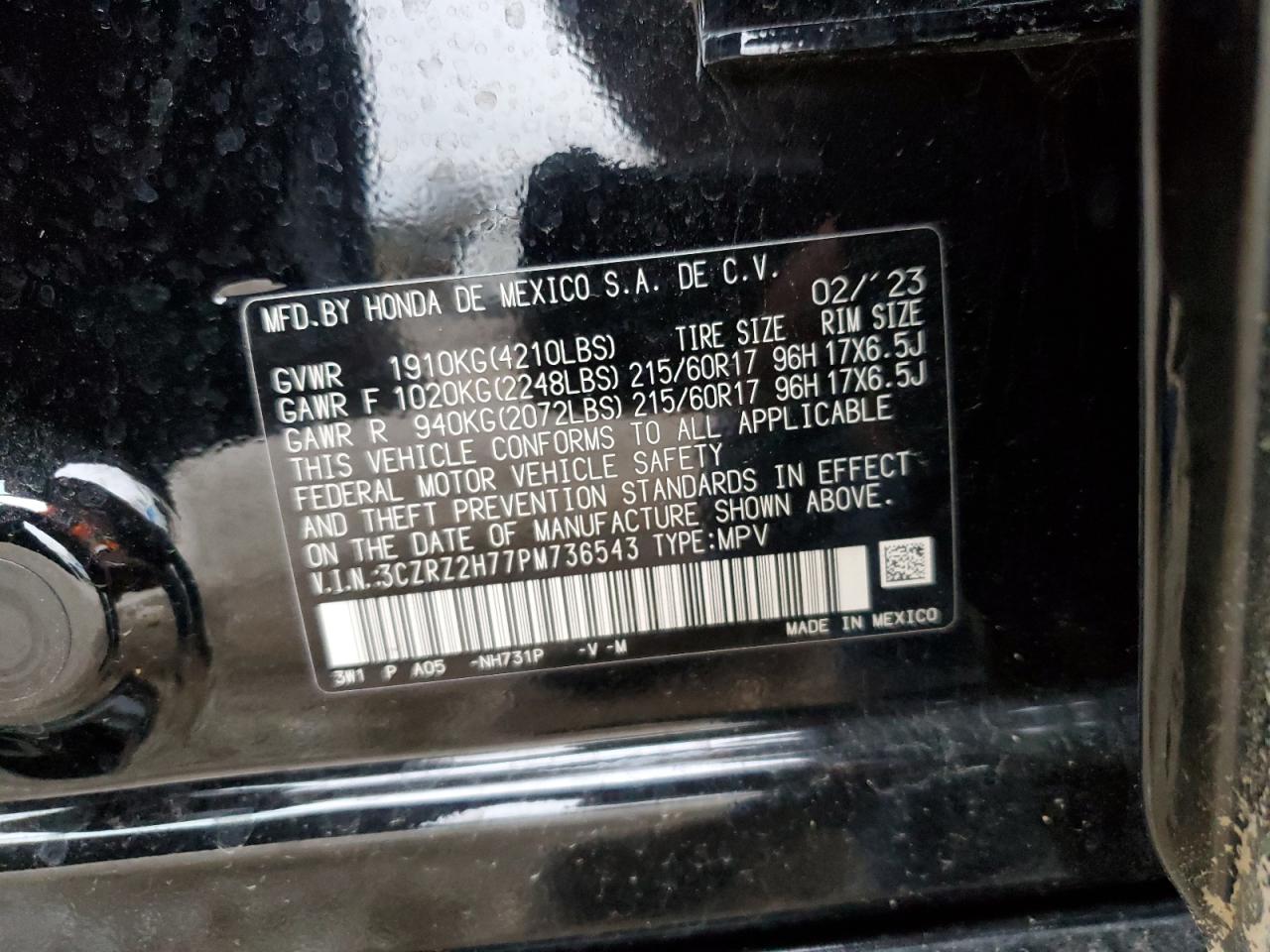 2023 HONDA HR-V EXL VIN:3CZRZ2H77PM736543