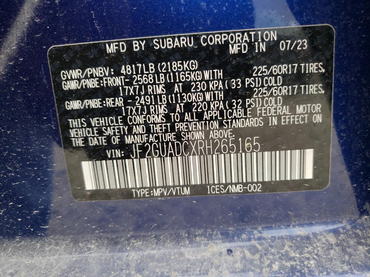 2024 SUBARU CROSSTREK PREMIUM VIN:JF2GUADCXRH265165