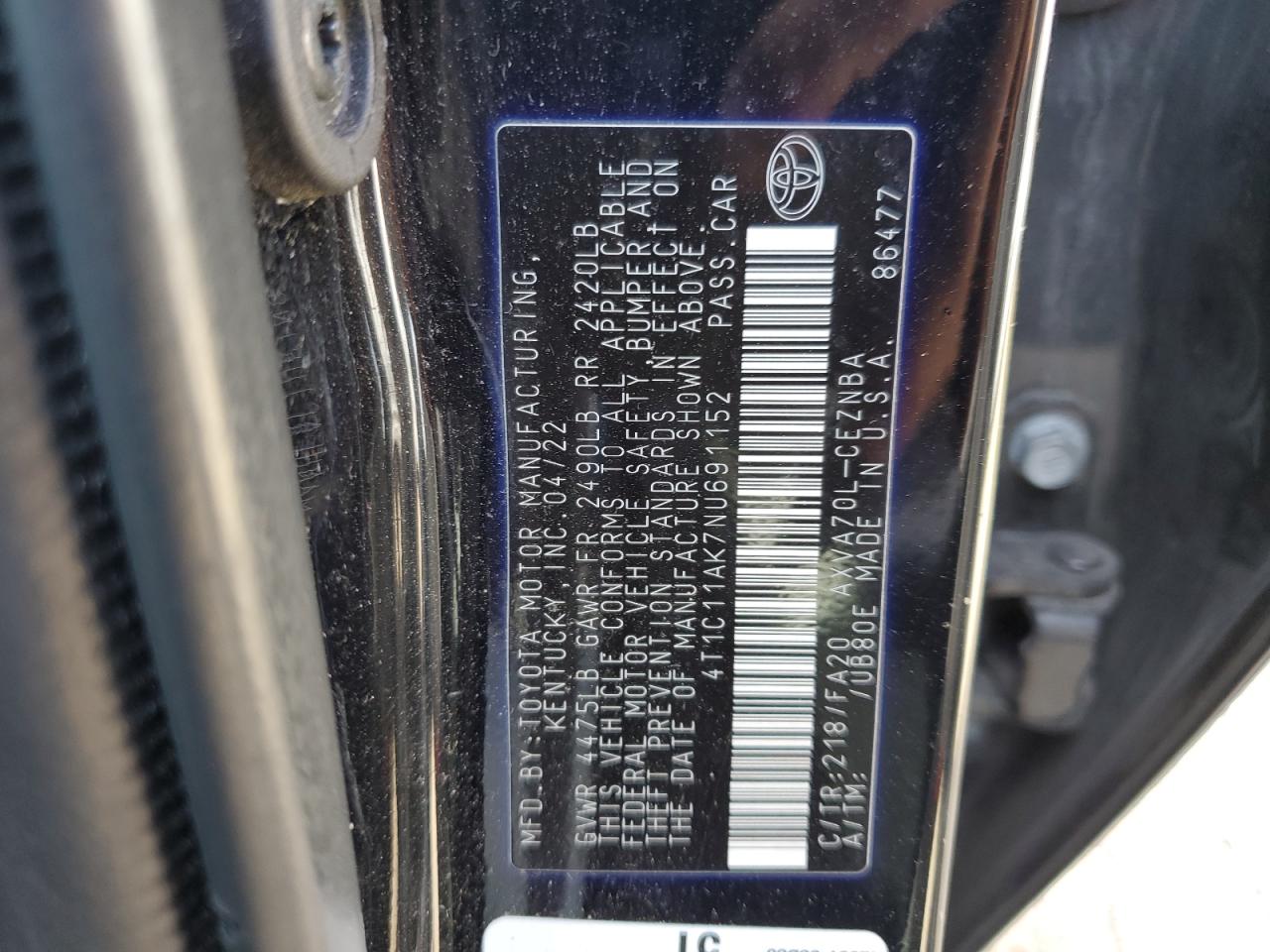 2022 TOYOTA CAMRY LE VIN:4T1C11AK7NU691152