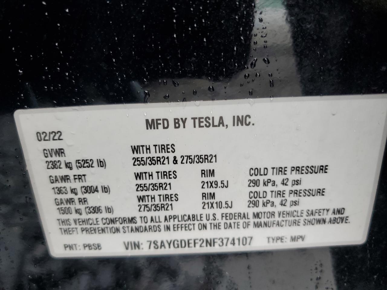 2022 TESLA MODEL Y VIN:7SAYGDEF2NF374107