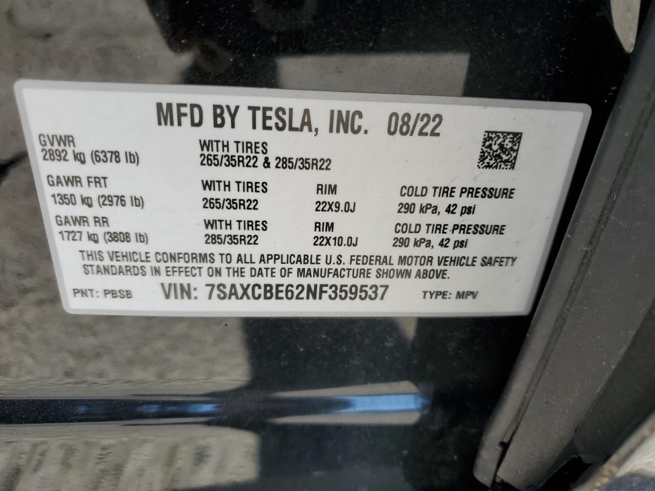 2022 TESLA MODEL X VIN:7SAXCBE62NF359537
