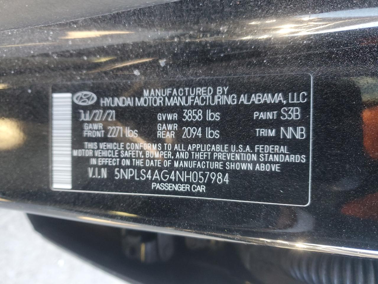 2022 HYUNDAI ELANTRA SEL VIN:5NPLS4AG4NH057984