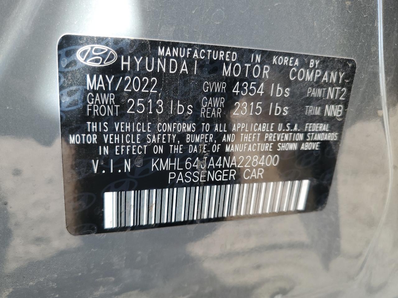 2022 HYUNDAI SONATA SEL VIN:KMHL64JA4NA228400