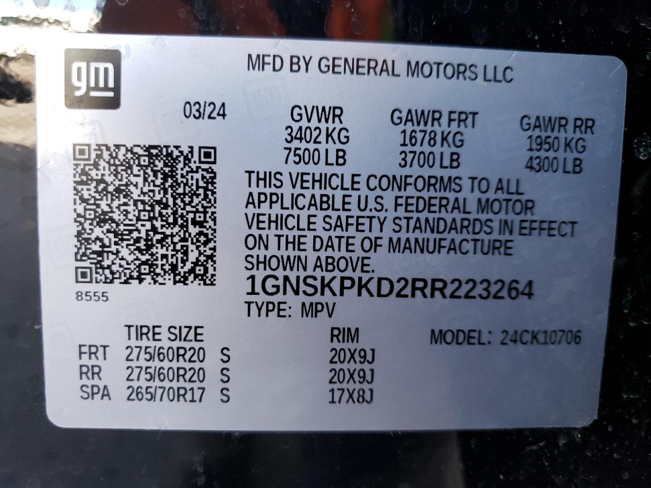 2024 CHEVROLET TAHOE K1500 Z71 VIN:1GNSKPKD2RR223264