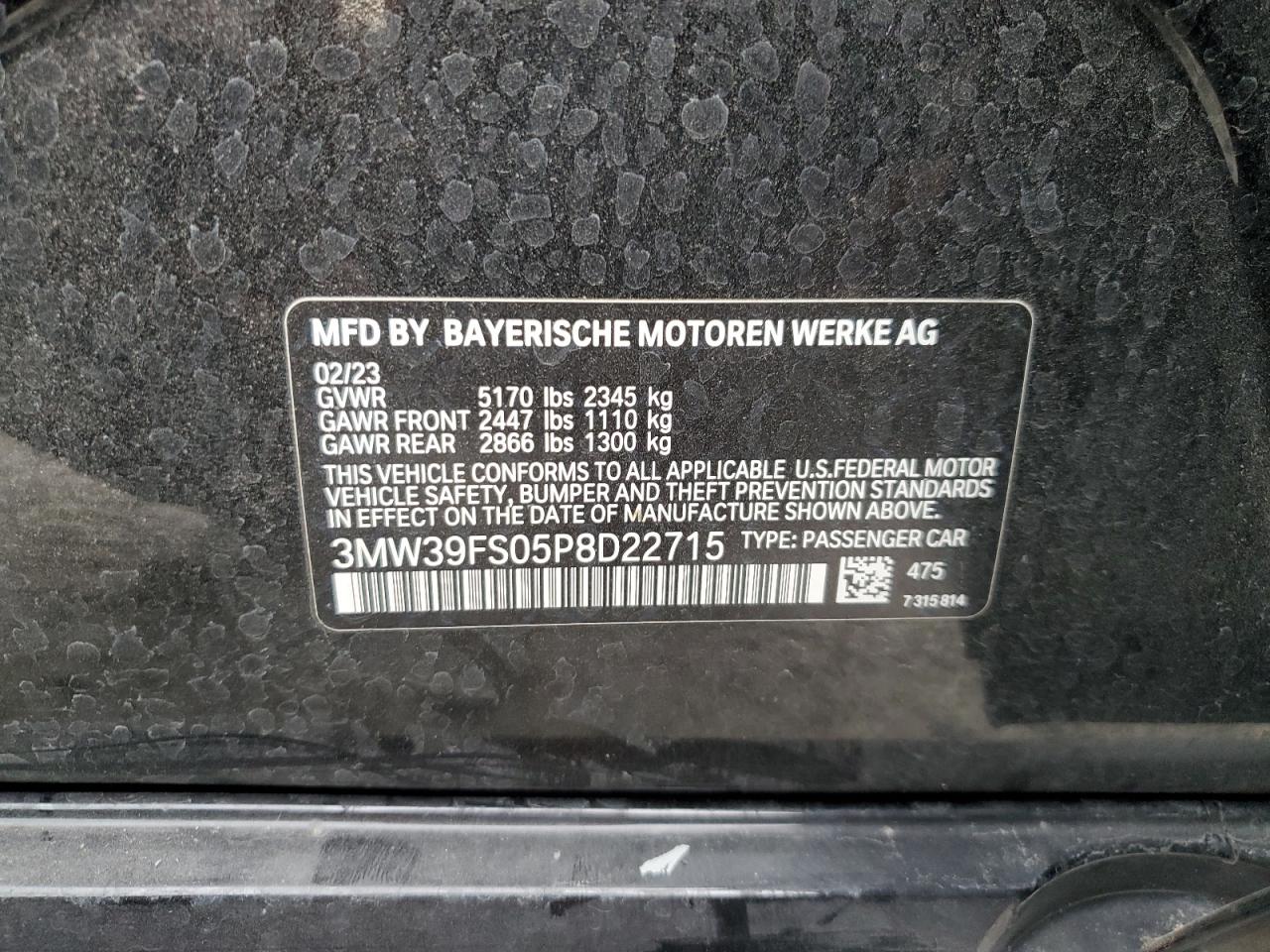 2023 BMW 330XE VIN:3MW39FS05P8D22715