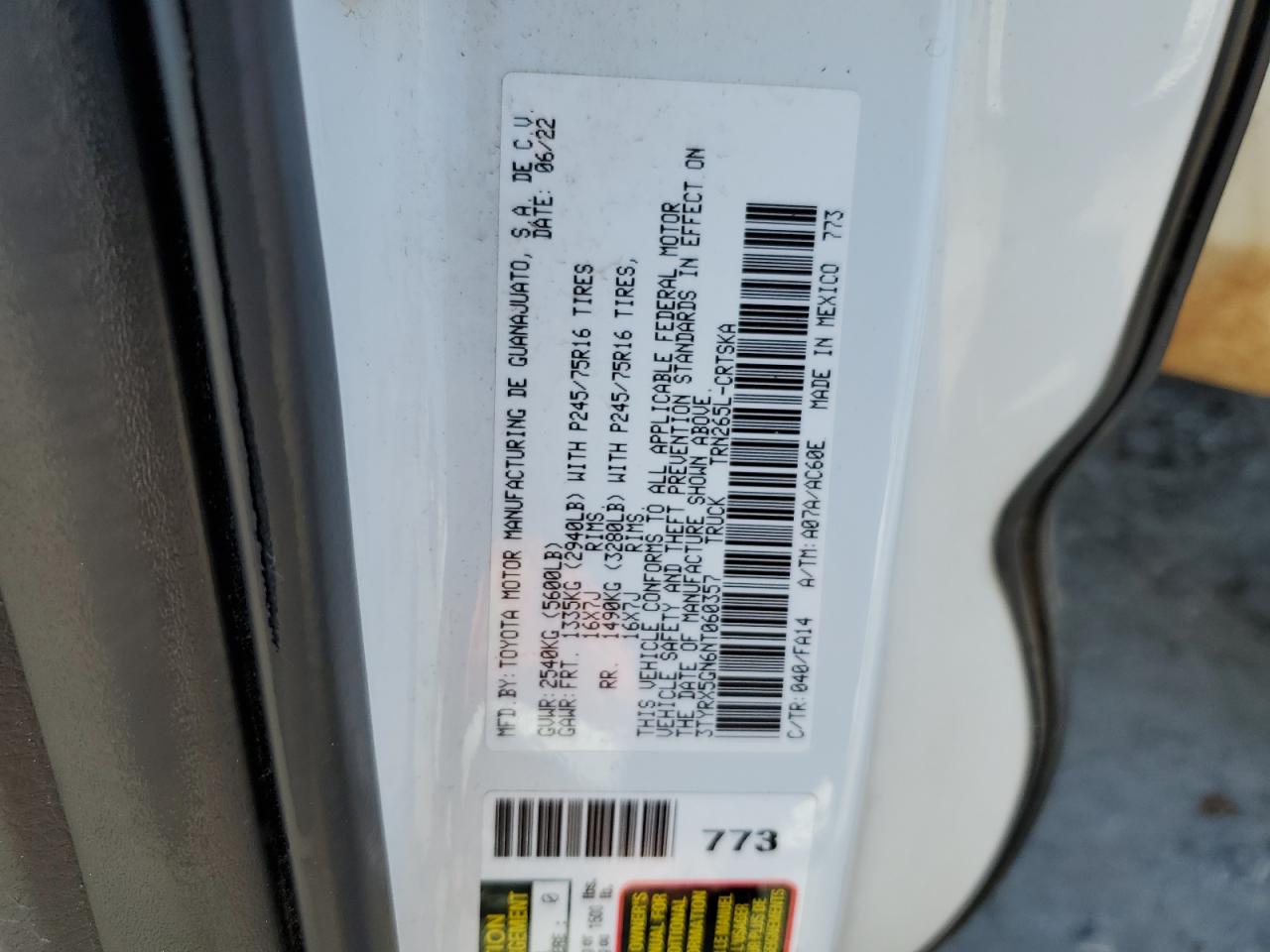 2022 TOYOTA TACOMA ACCESS CAB VIN:3TYRX5GN6NT060357