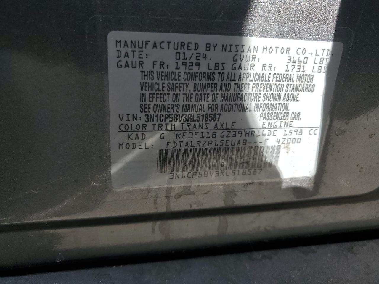 2024 NISSAN KICKS S VIN:3N1CP5BV3RL518587