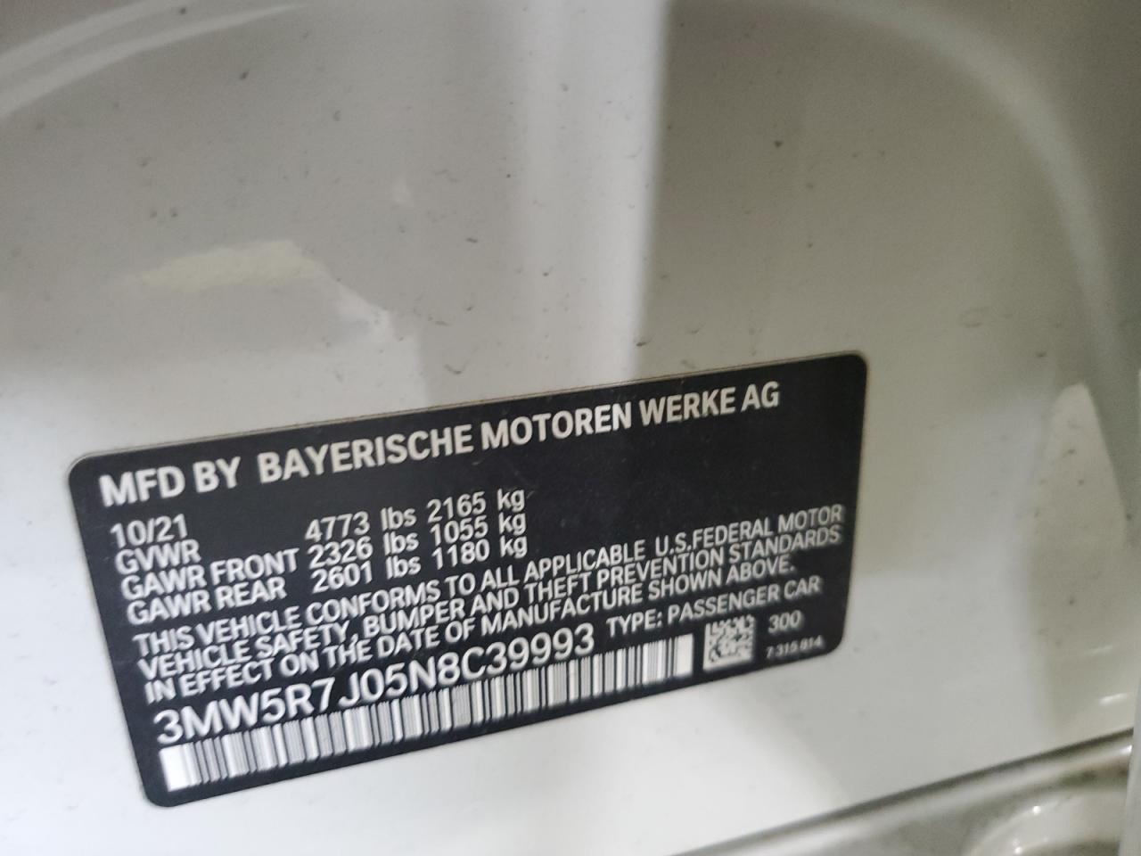 2022 BMW 330XI VIN:3MW5R7J05N8C39993