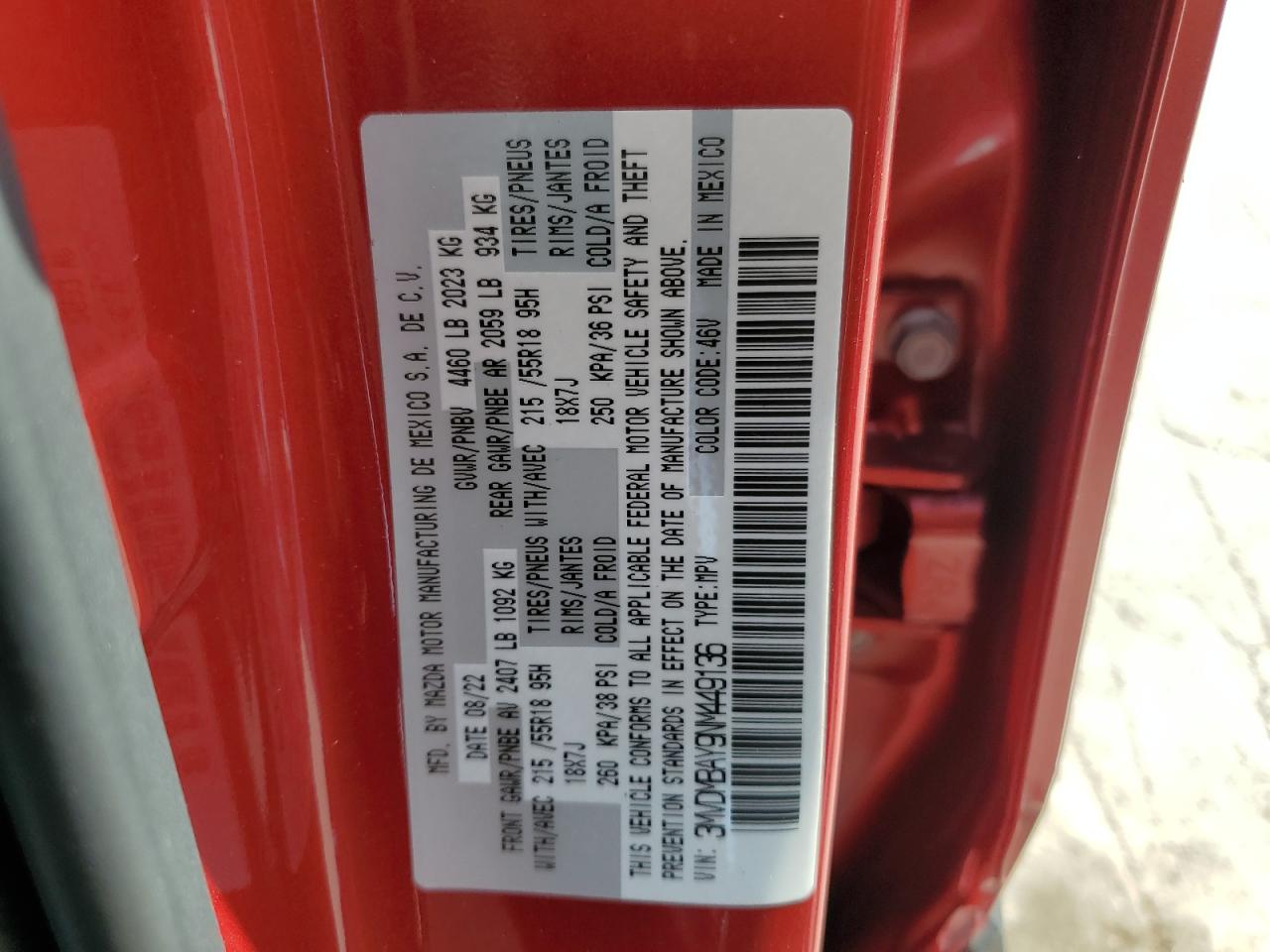 2022 MAZDA CX-30 VIN:3MVDMBAY9NM449136