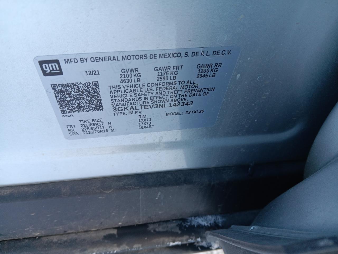 2022 GMC TERRAIN SLE VIN:3GKALTEV3NL142343