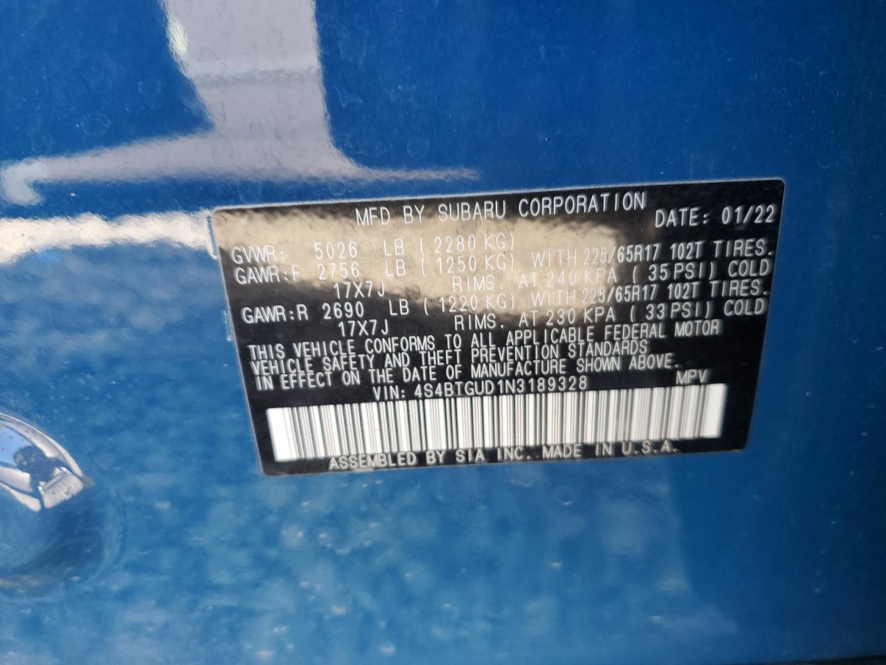 2022 SUBARU OUTBACK WILDERNESS VIN:4S4BTGUD1N3189328