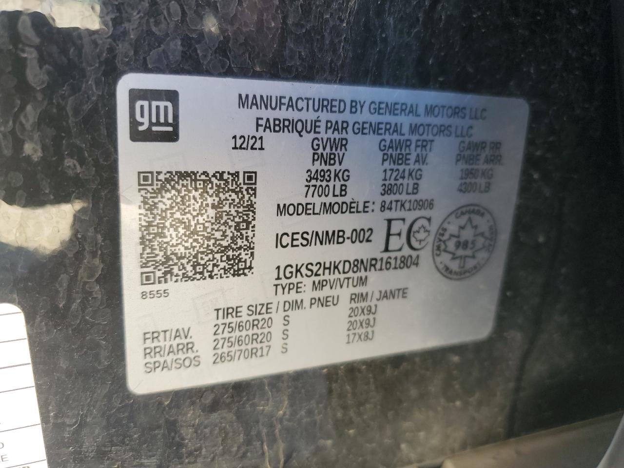 2022 GMC YUKON XL K1500 AT4 VIN:1GKS2HKD8NR161804