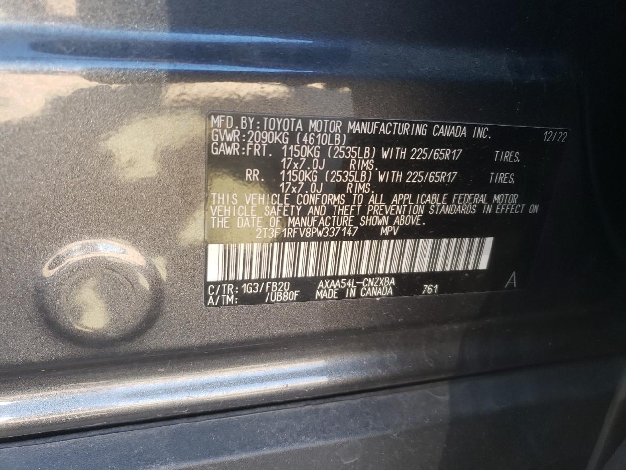 2023 TOYOTA RAV4 LE VIN:2T3F1RFV8PW337147