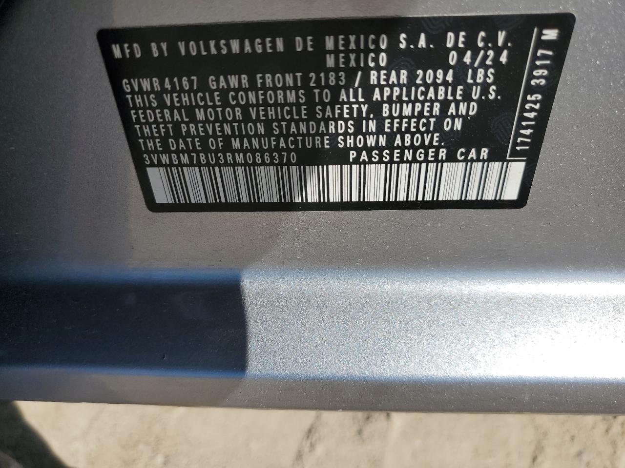 2024 VOLKSWAGEN JETTA SPORT VIN:3VWBM7BU3RM086370