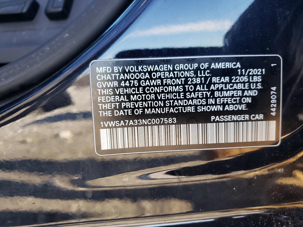 2022 VOLKSWAGEN PASSAT SE VIN:1VWSA7A33NC007583