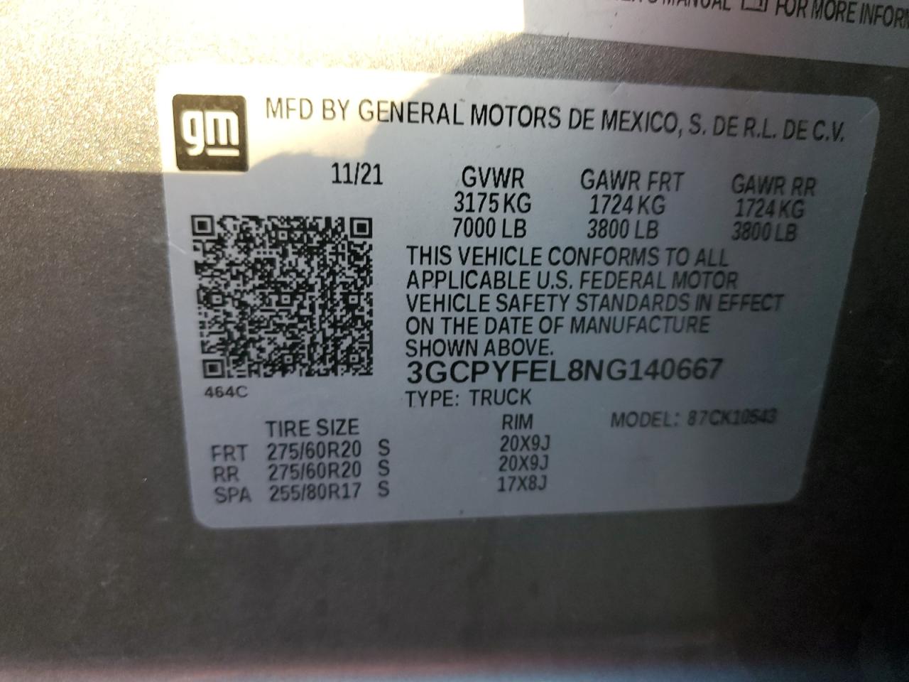 2022 CHEVROLET SILVERADO LTD K1500 LT TRAIL BOSS VIN:3GCPYFEL8NG140667