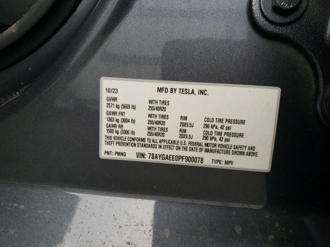 2023 TESLA MODEL Y VIN:7SAYGAEE0PF900078