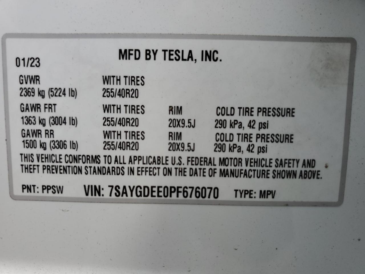 2023 TESLA MODEL Y VIN:7SAYGDEE0PF676070