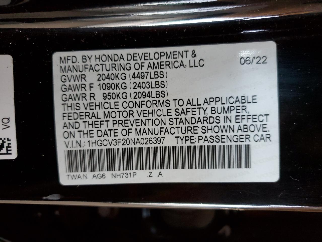 2022 HONDA ACCORD HYBRID SPORT VIN:1HGCV3F20NA026397
