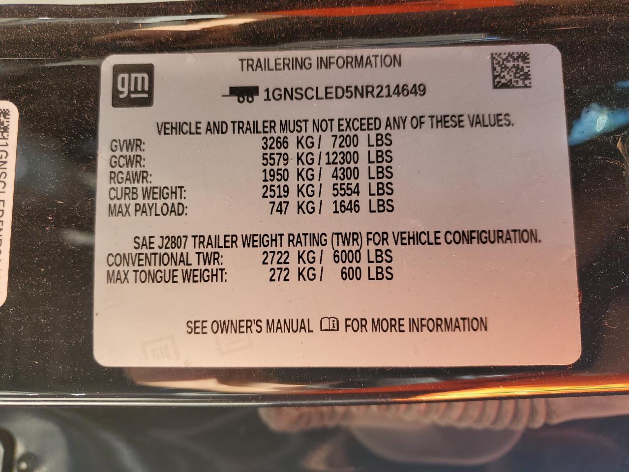 2022 CHEVROLET TAHOE C1500 VIN:1GNSCLED5NR214649