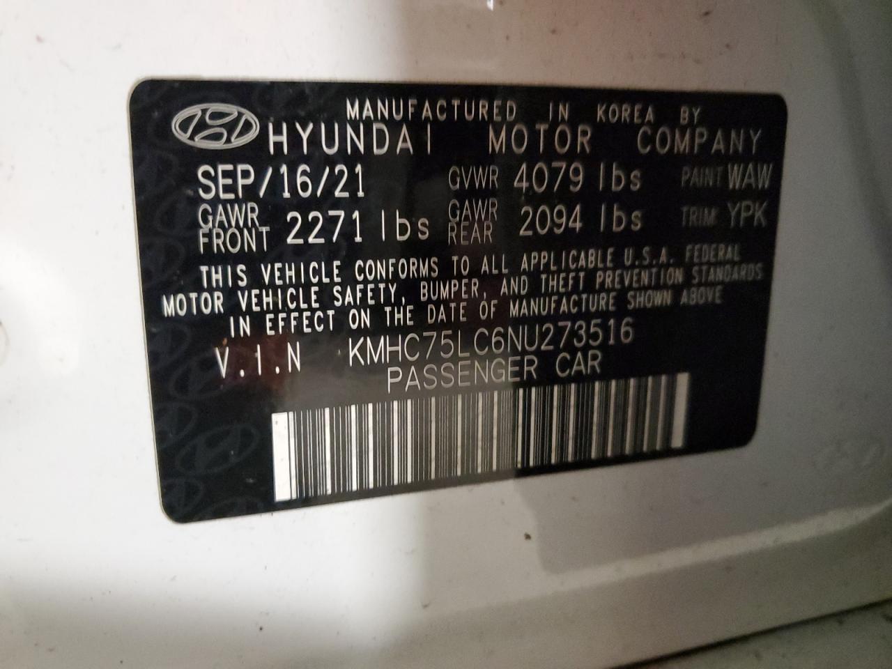 2022 HYUNDAI IONIQ SE VIN:KMHC75LC6NU273516