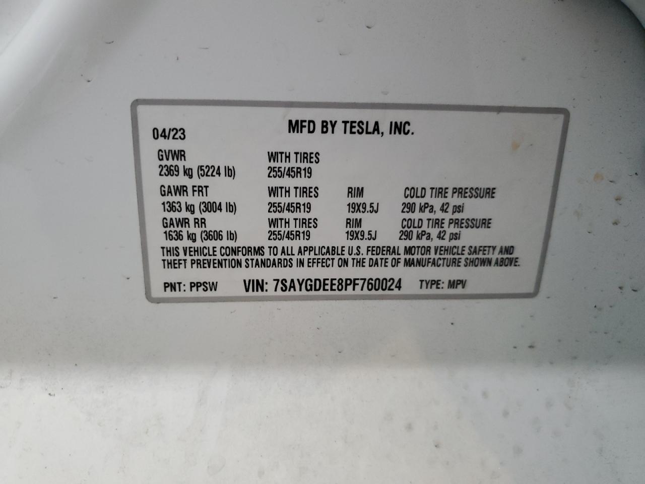 2023 TESLA MODEL Y VIN:7SAYGDEE8PF760024