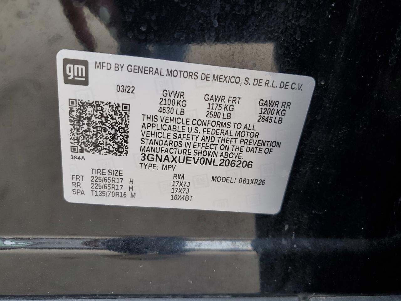 2022 CHEVROLET EQUINOX LT VIN:3GNAXUEV0NL206206