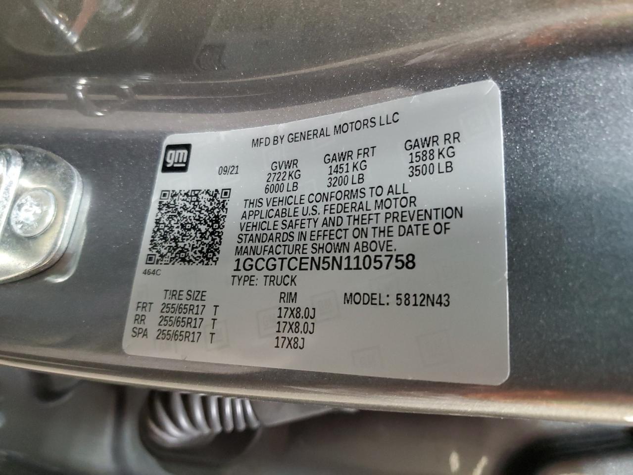 2022 CHEVROLET COLORADO LT VIN:1GCGTCEN5N1105758