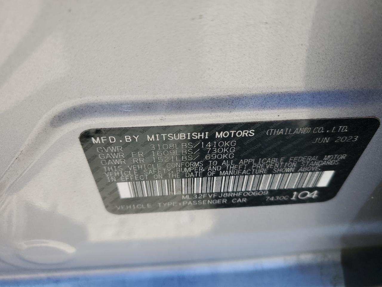 2024 MITSUBISHI MIRAGE G4 SE VIN:ML32FVFJ8RHF00609