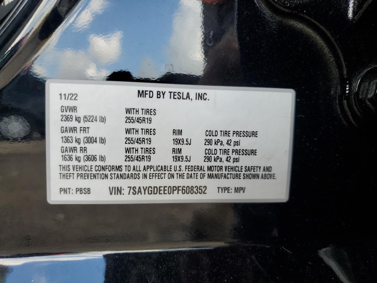 2023 TESLA MODEL Y VIN:7SAYGDEE0PF608352