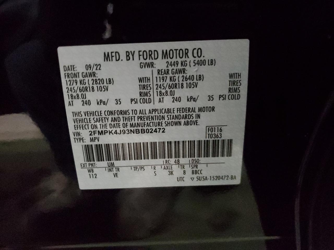 2022 FORD EDGE SEL VIN:2FMPK4J93NBB02472