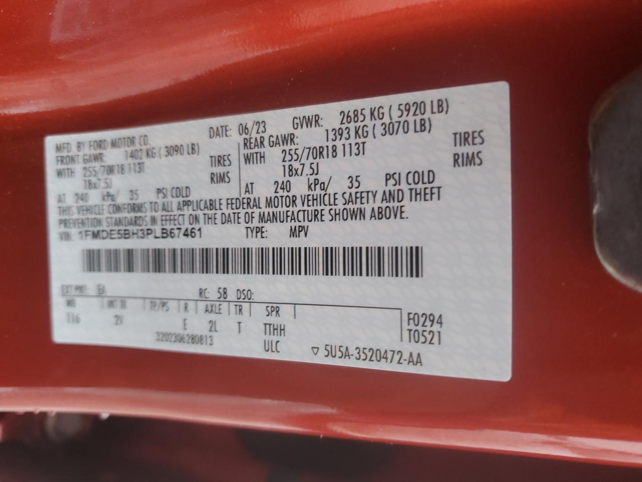 2023 FORD BRONCO BASE VIN:1FMDE5BH3PLB67461