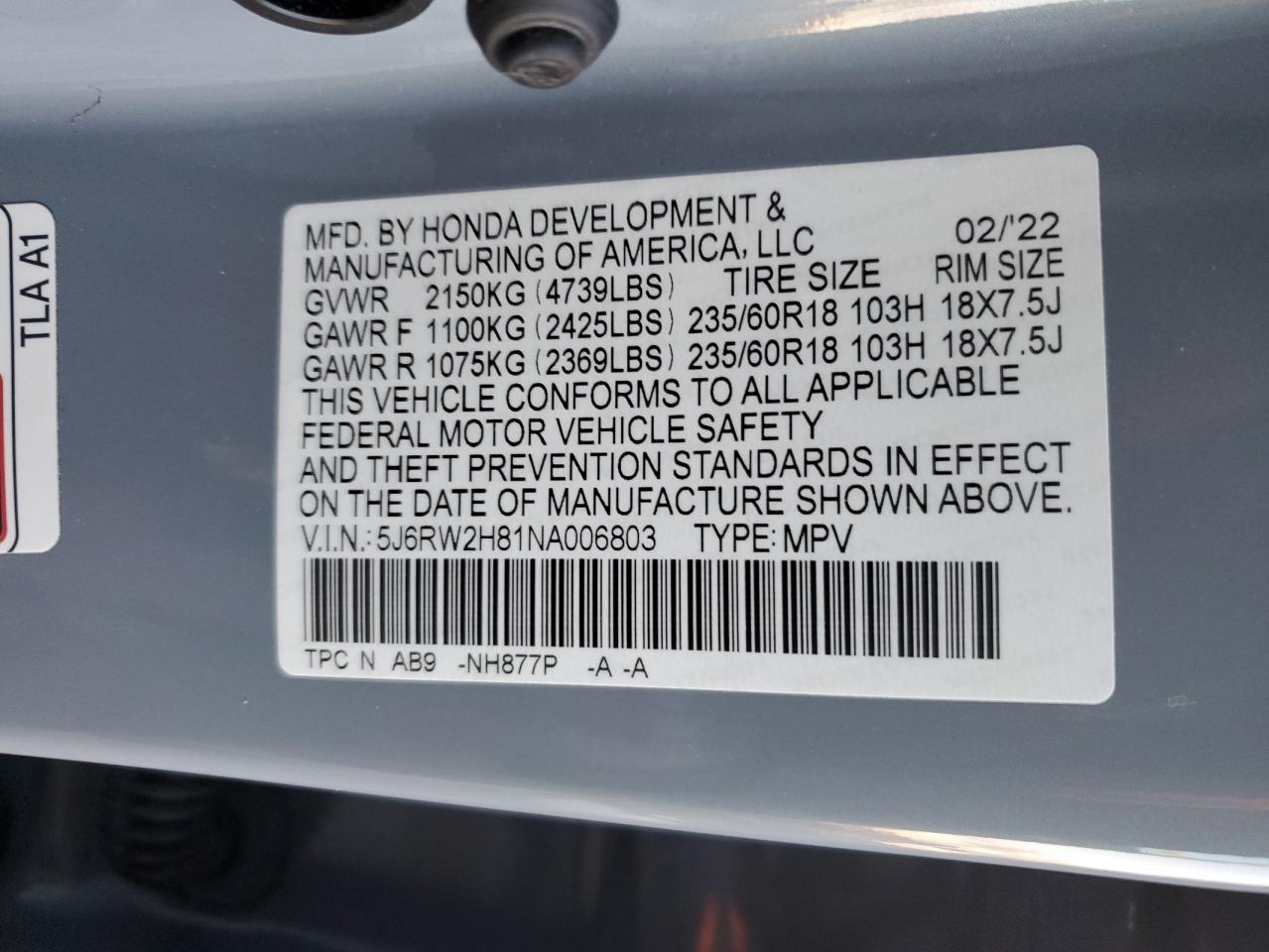 2022 HONDA CR-V EXL VIN:5J6RW2H81NA006803