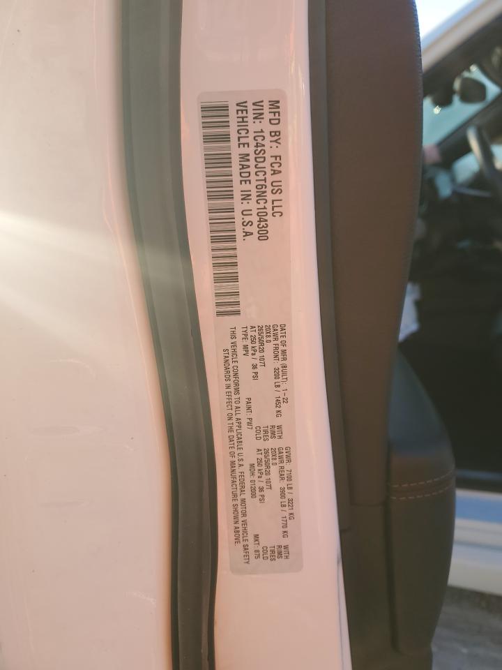 2022 DODGE DURANGO R/T VIN:1C4SDJCT6NC104300