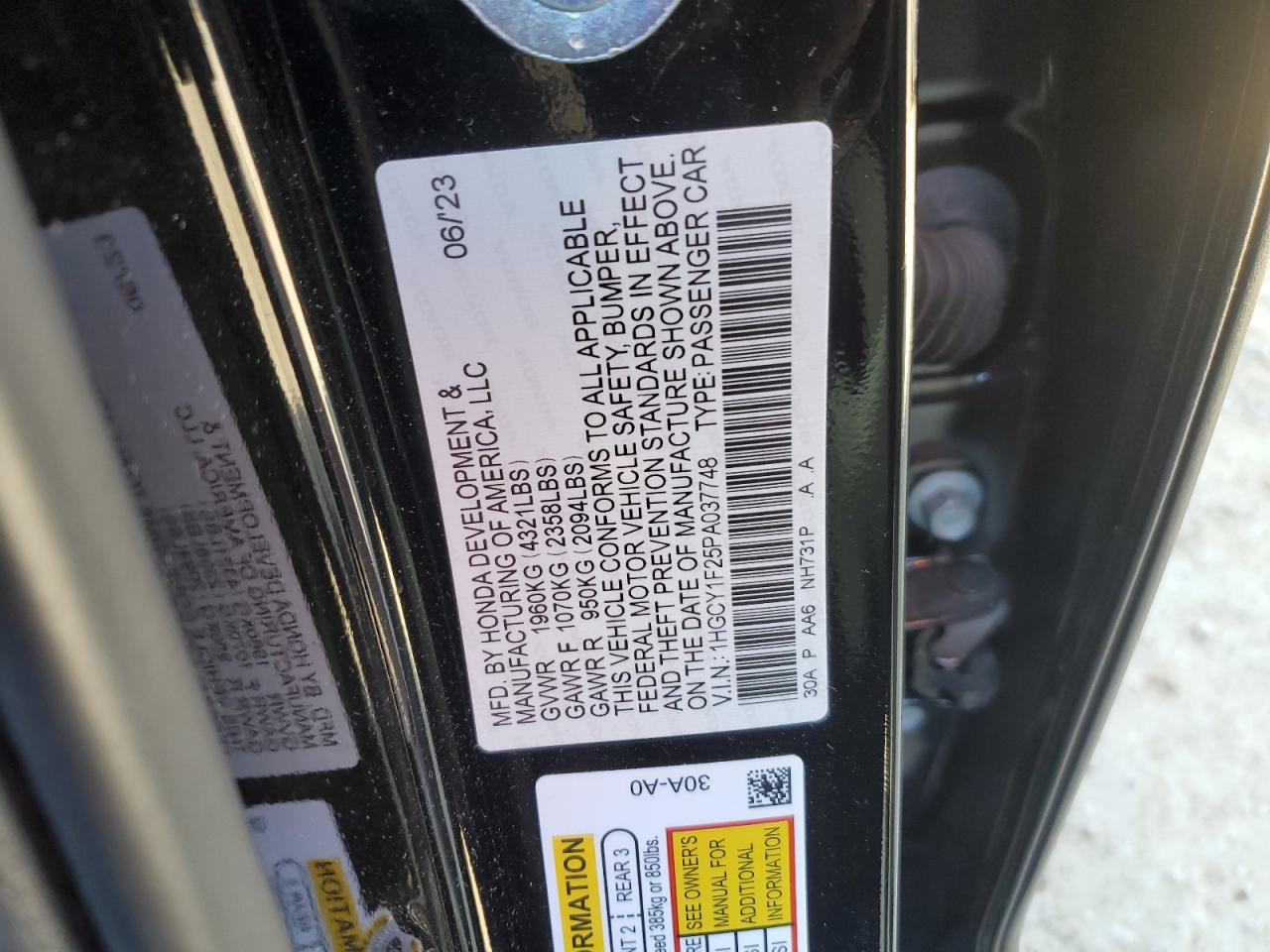 2023 HONDA ACCORD LX VIN:1HGCY1F25PA037748