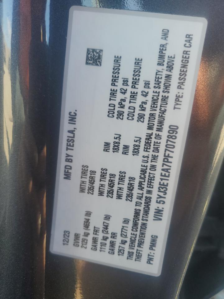 2023 TESLA MODEL 3 VIN:5YJ3E1EA7PF707890